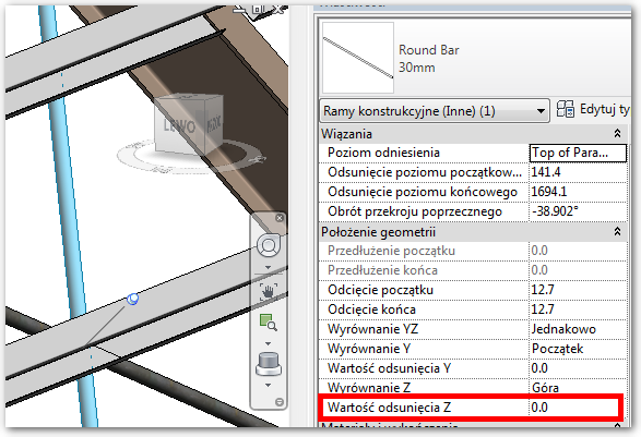 Tak wygląda belka przed edycją położenia w osi Z...