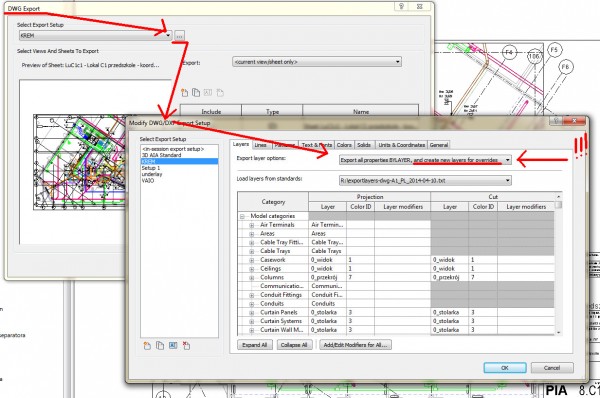 Ważne jest takie ustawienie eksportu z Revita, żeby kolory nadpisanych systemów pojawiały się na odrębnych warstwach.