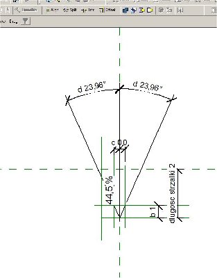 strzałka na rzut dachu; w niej ustawione parametrycznie kąt grota, długość strzałki etc..
